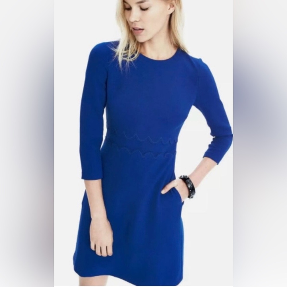 Banana Republic Blue Double Scallop 3/4 Sleeve Dress NWT
